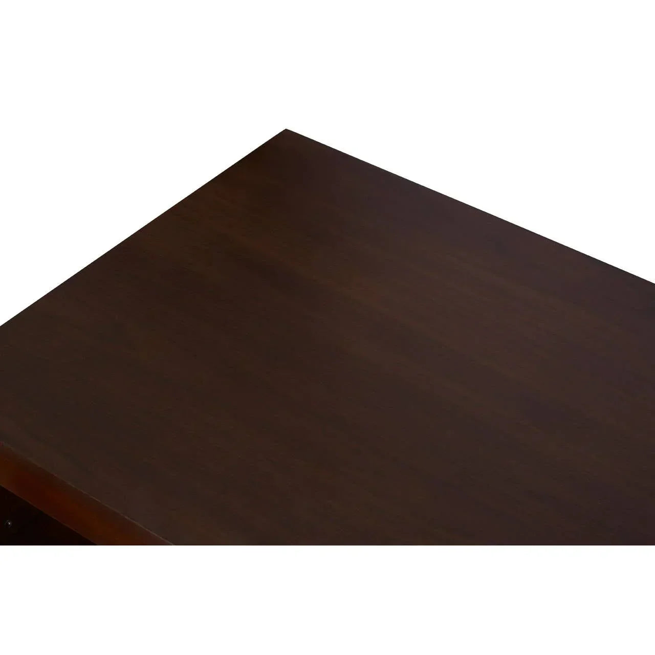Dark wood dining table top with smooth finish, close-up on corner angle