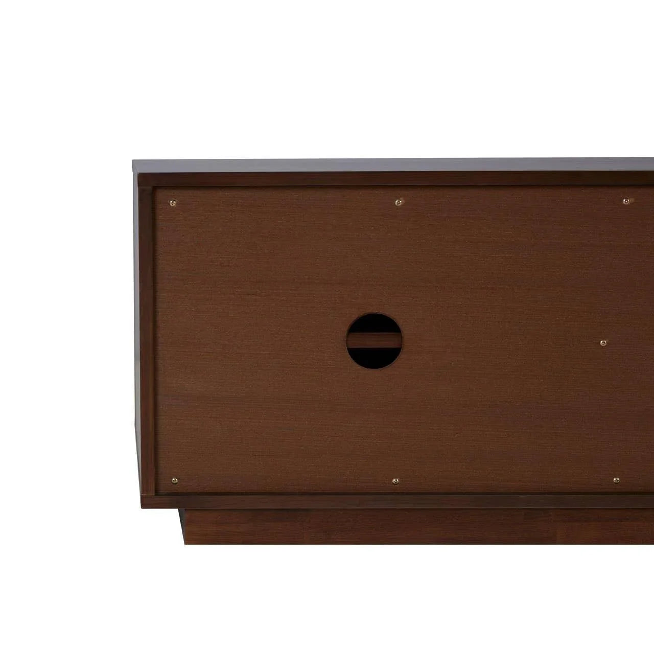 Back panel of wooden TV unit with cable management hole and visible screw fittings