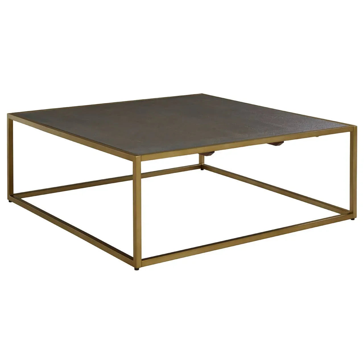 Square coffee table with gold metal frame and dark textured tabletop, side angle view