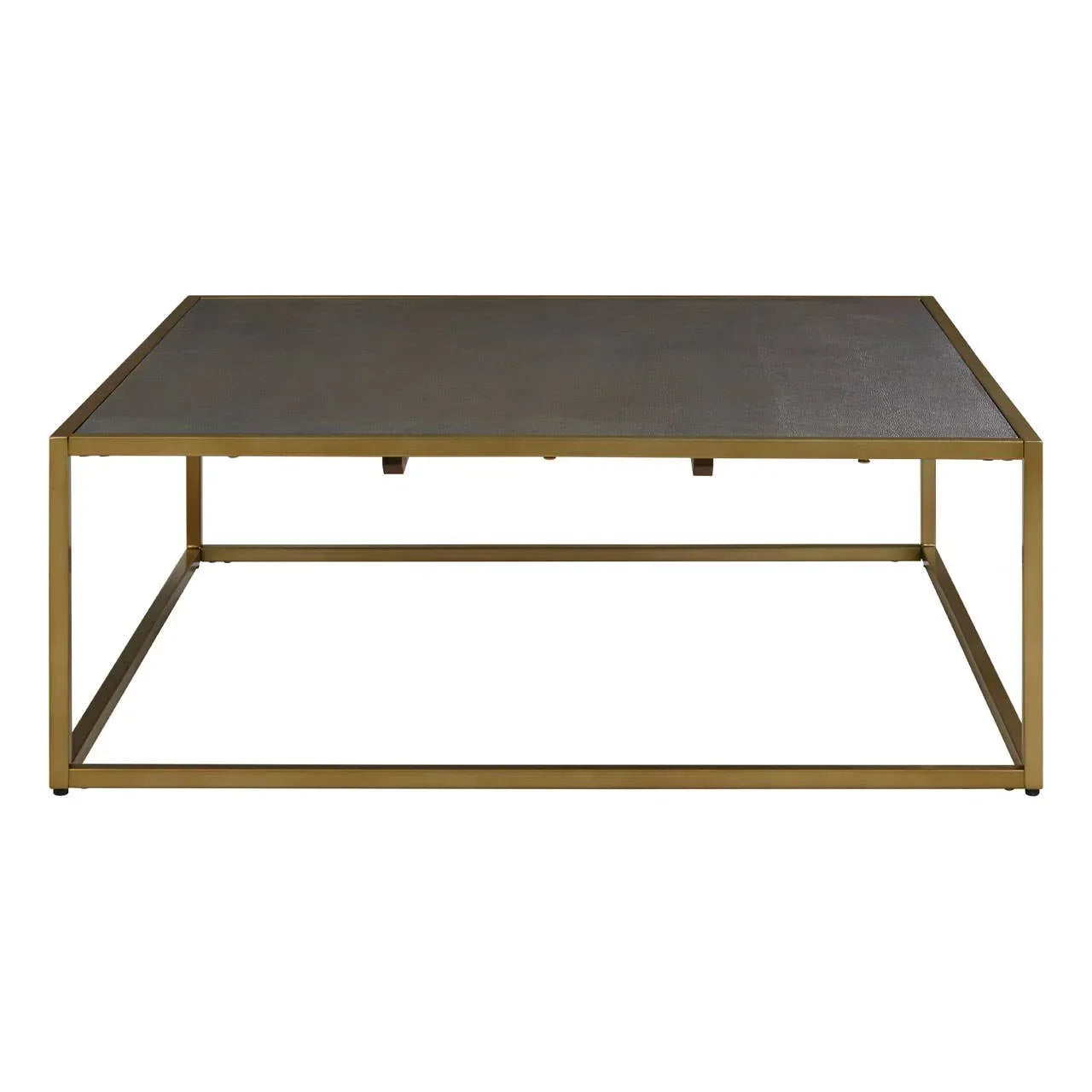 Rectangular coffee table with dark tabletop and gold metal frame, front view