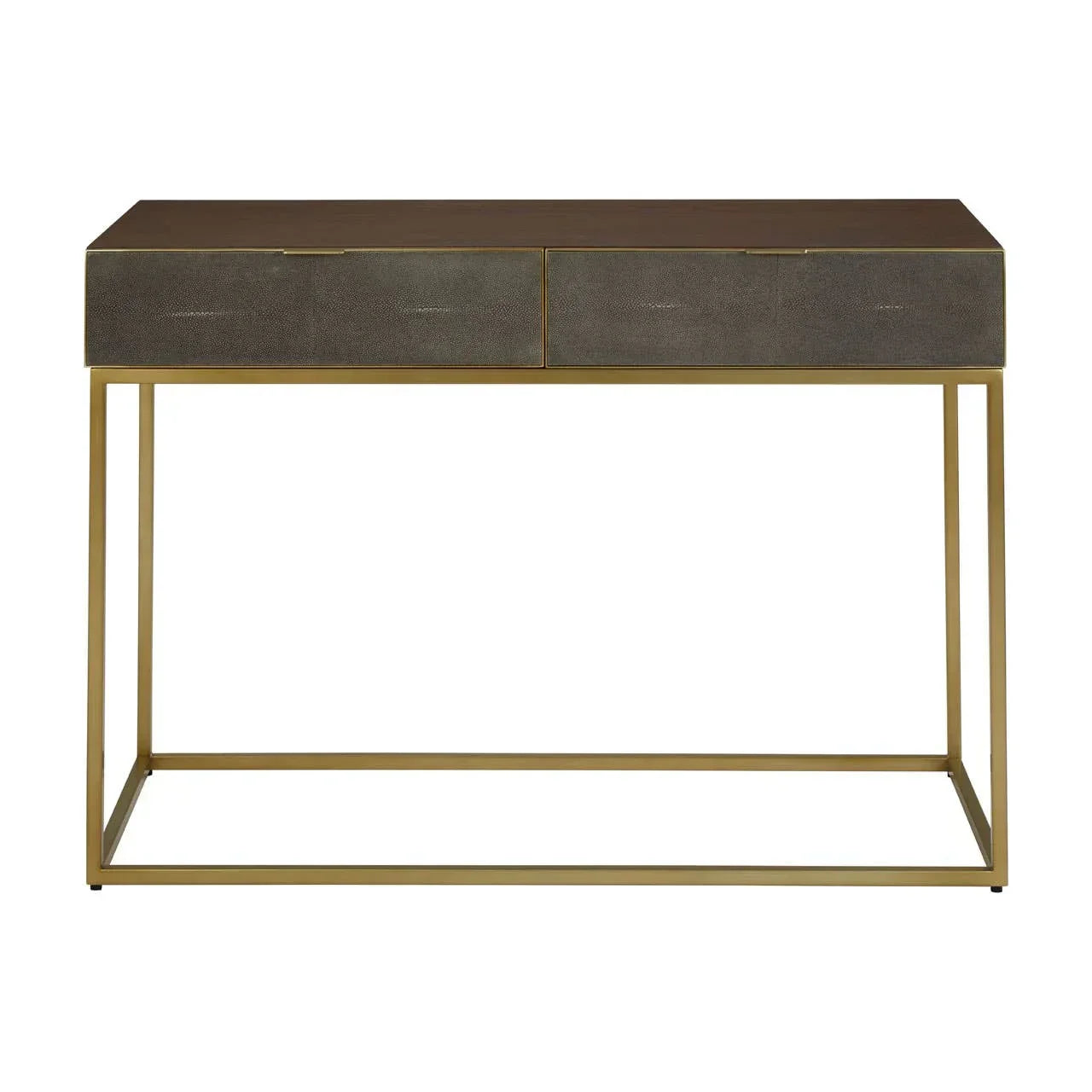 Modern console table with gold metal frame and two grey textured drawers