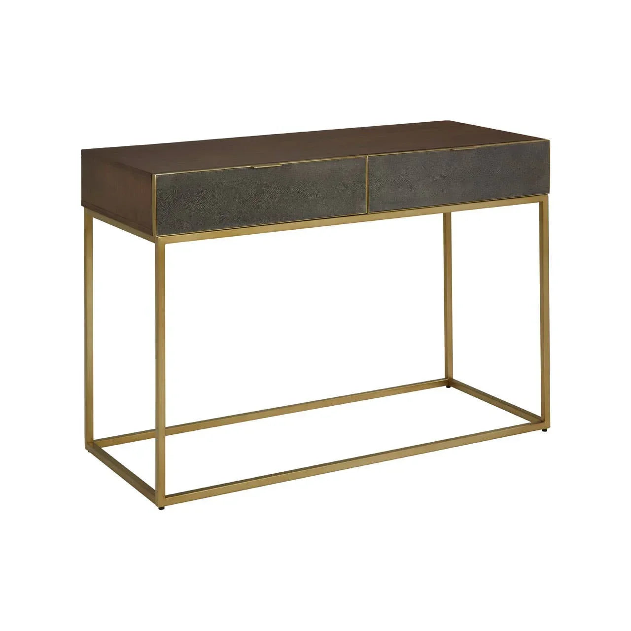Modern console table with gold metal frame and two dark drawers, angled front view