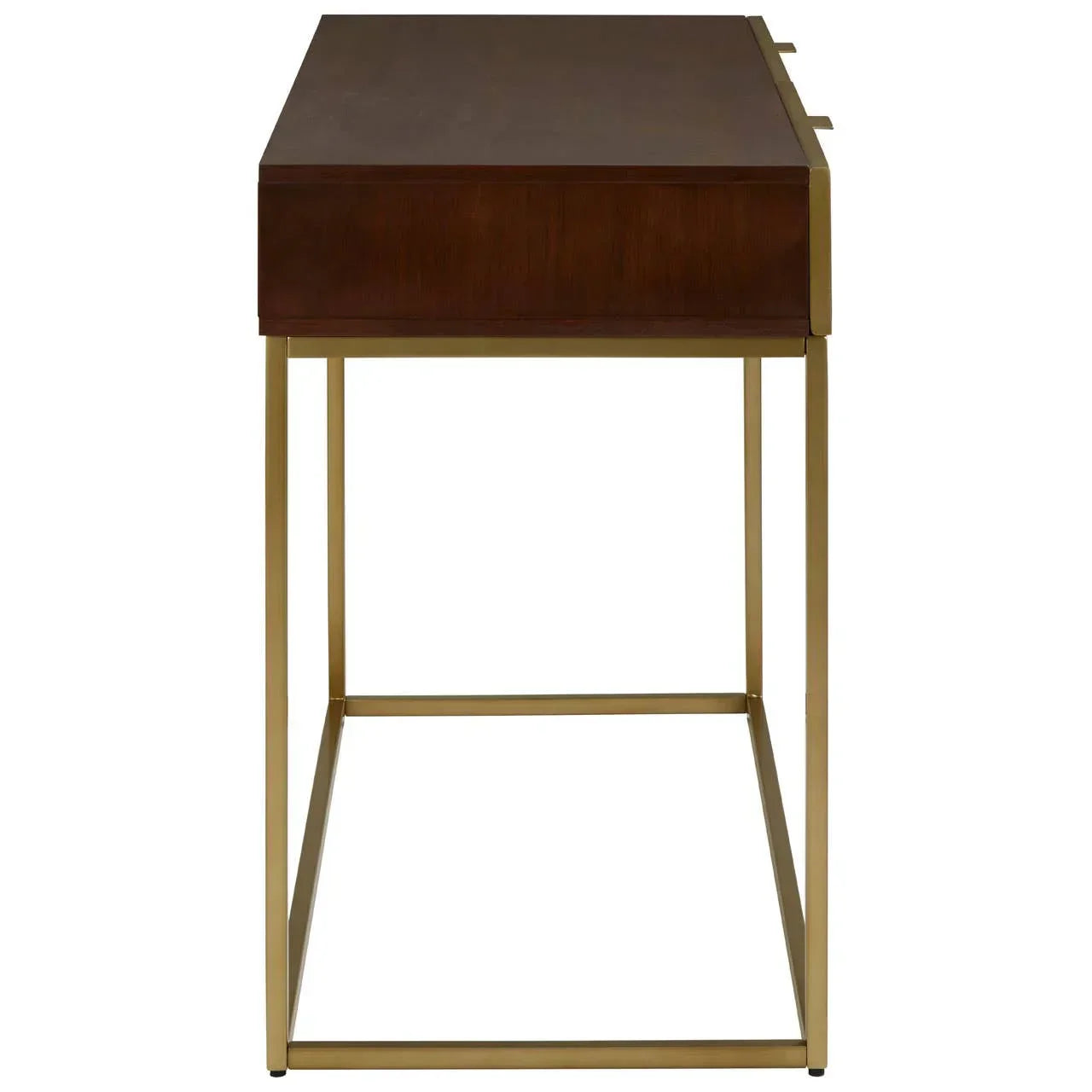 Side view of wooden desk with gold metal legs and rectangular frame