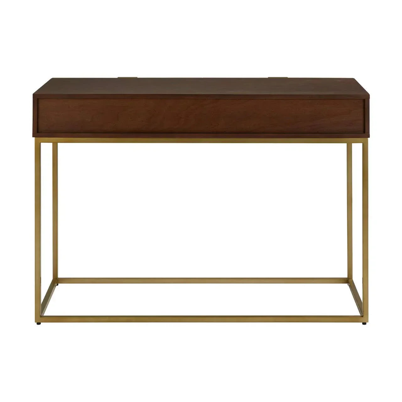 Walnut console table with gold metal frame and minimalist design front view