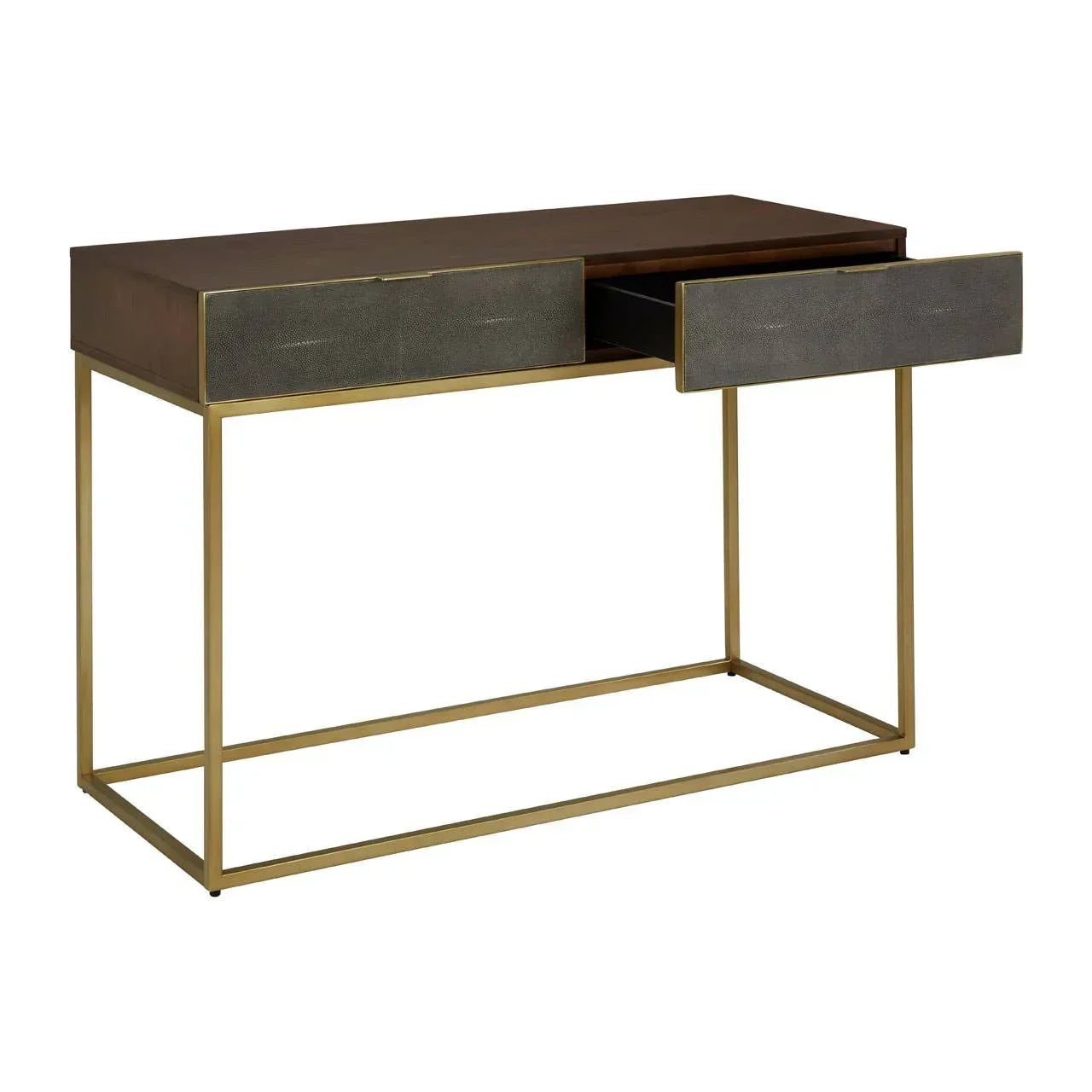 Modern writing desk with gold metal frame, brown top, and two grey drawers, one open