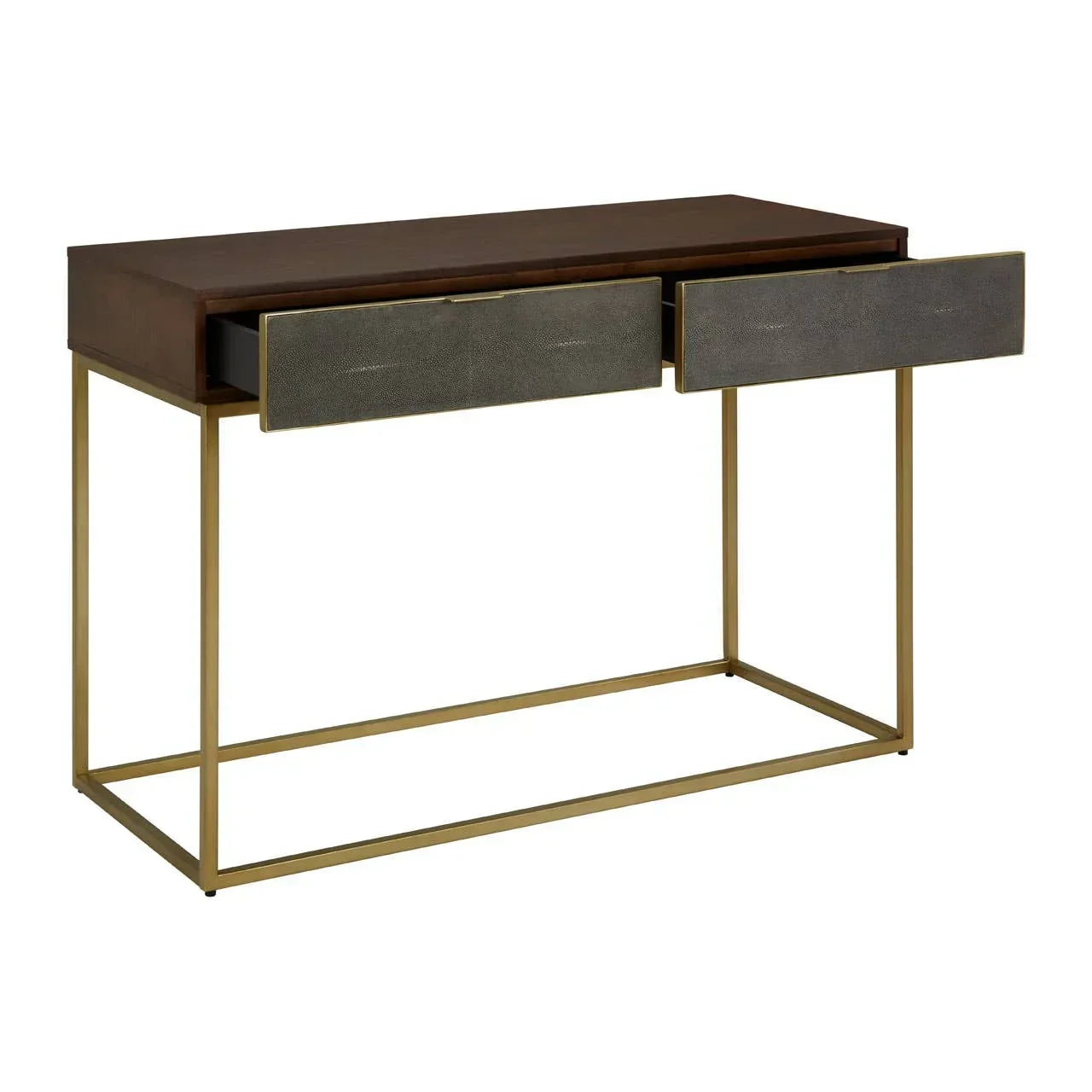 Modern console table with brass frame, brown top, and two open grey drawers