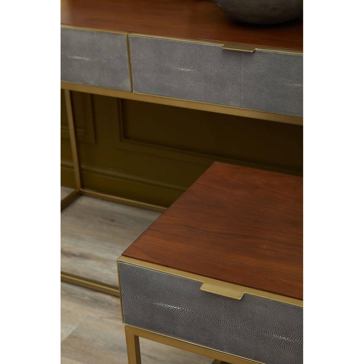 Walnut and grey console table with gold metal frame, close view of textured drawer fronts
