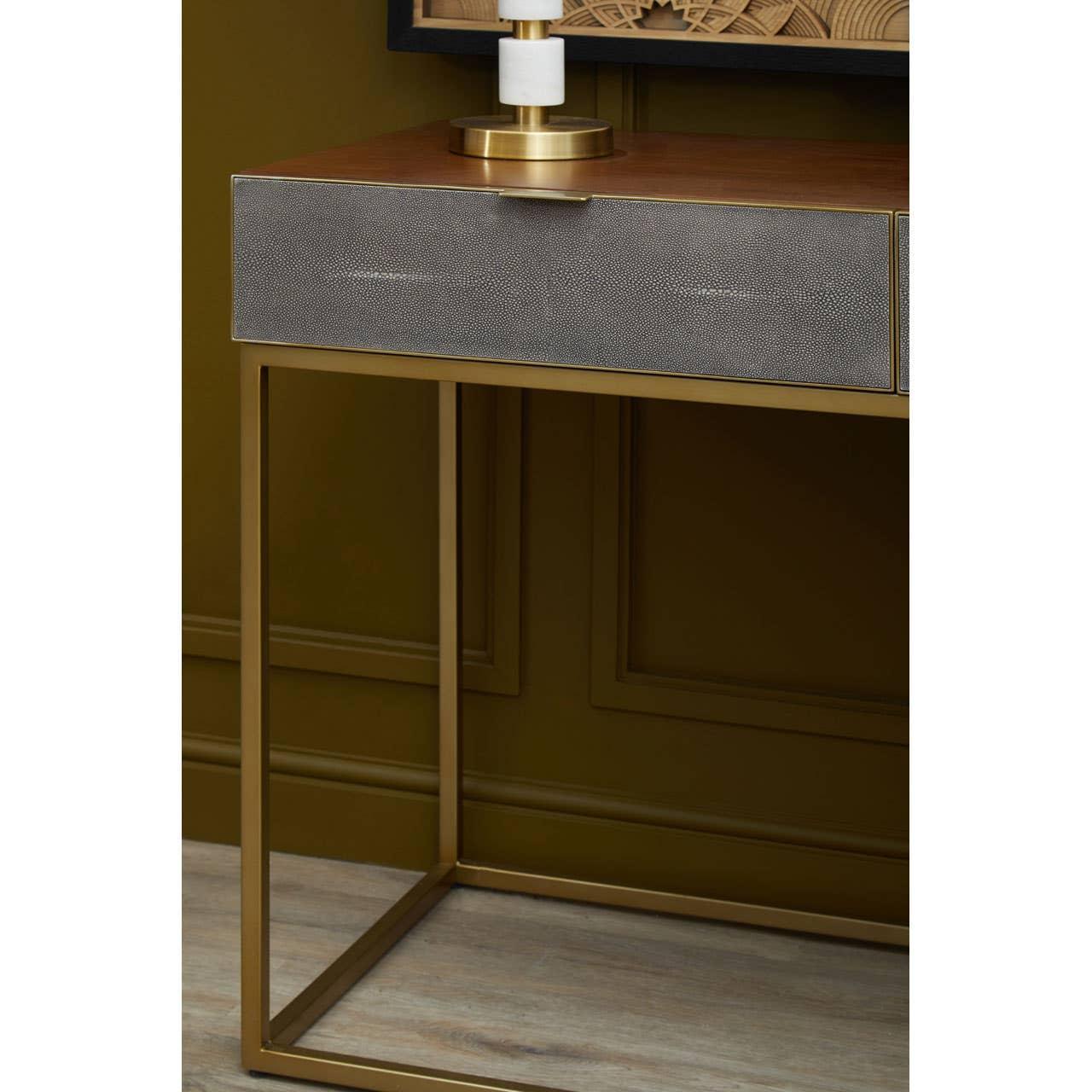 Modern console table with bronze metal frame, textured grey drawer, and wooden top