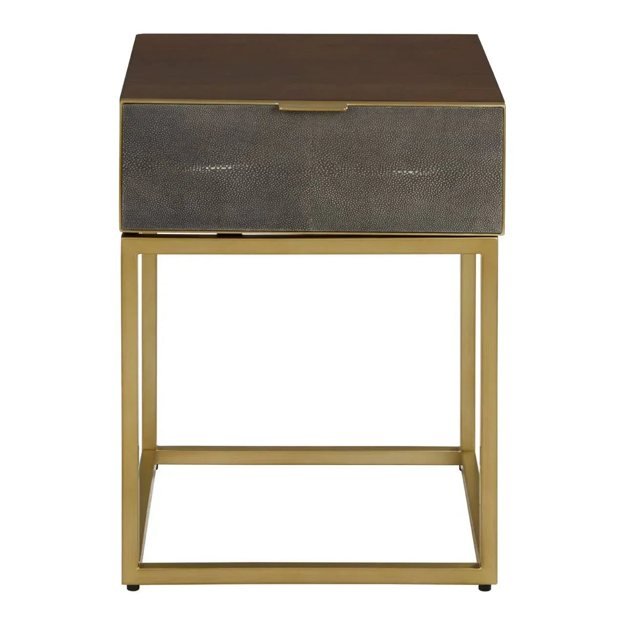 Modern side table with gold metal frame and textured grey drawer front, front view