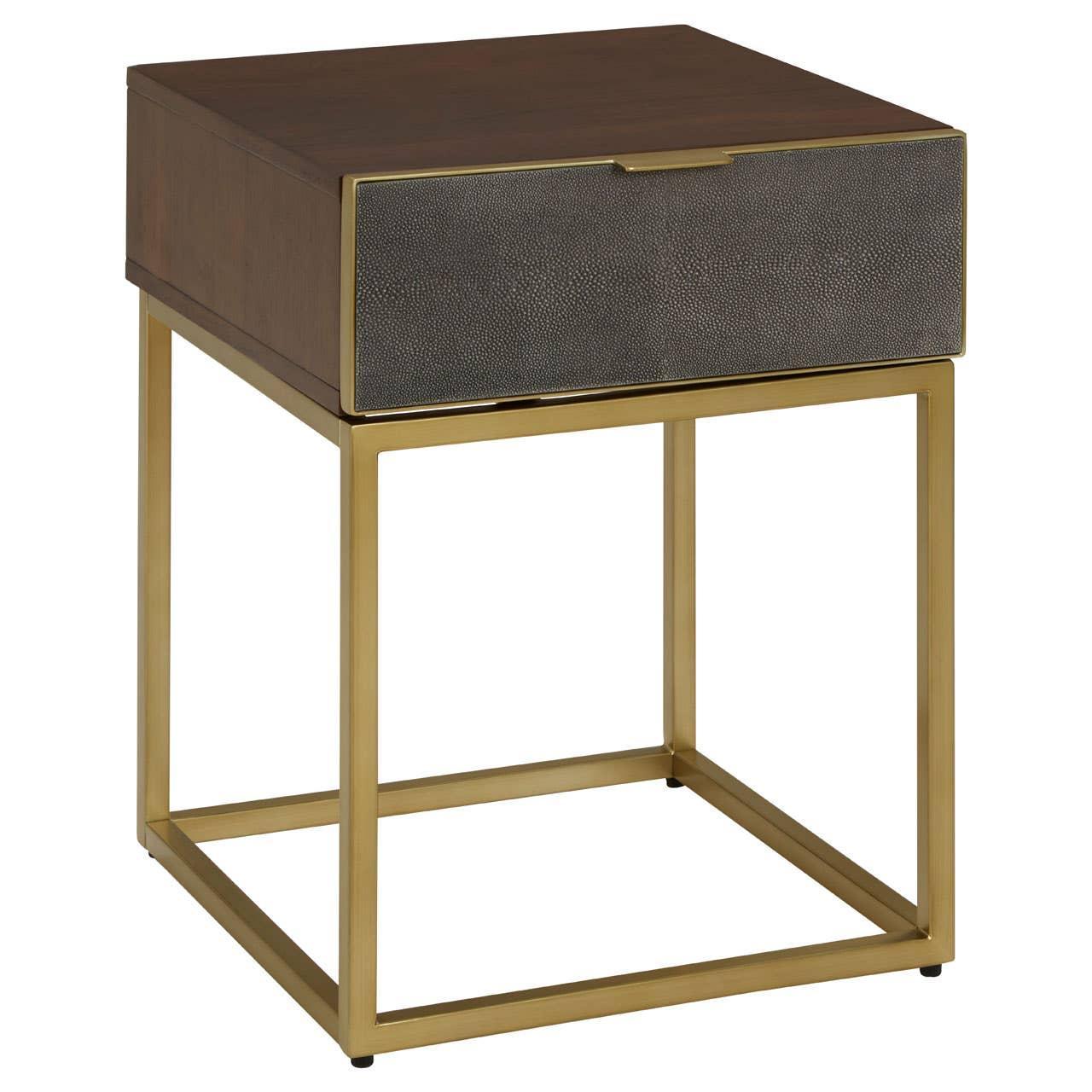 Modern side table with gold metal frame, wood top, and single drawer with textured finish