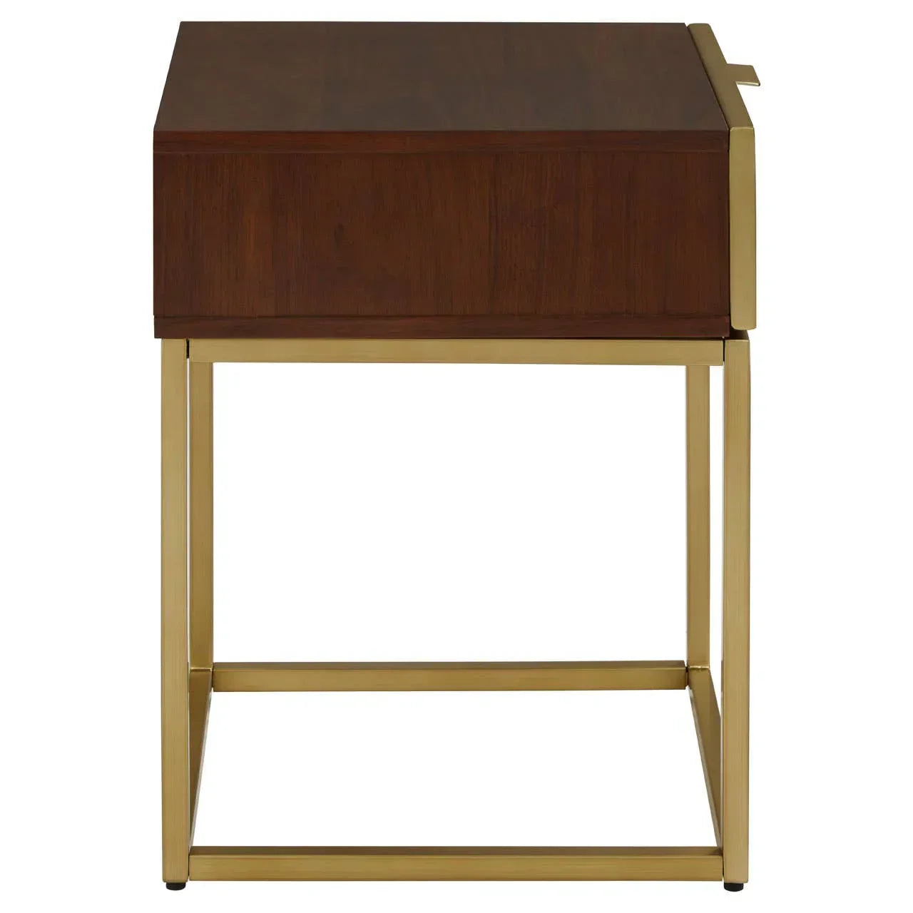 Walnut finish side table with gold metal frame, side view