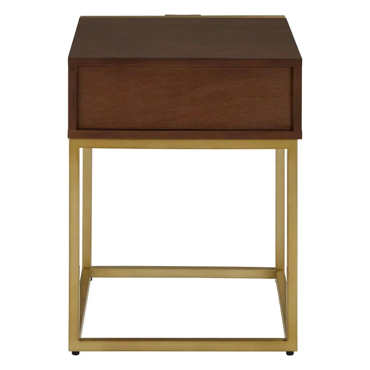 Walnut bedside table with gold metal frame and single drawer, front view