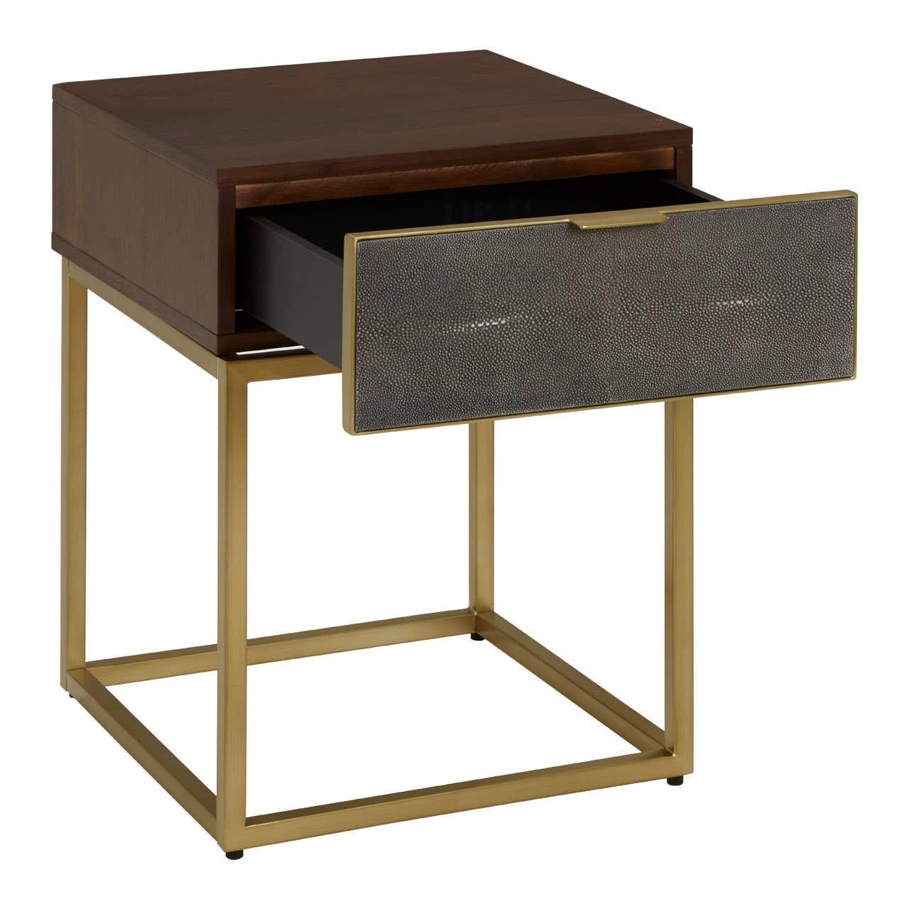 Contemporary bedside table with gold metal frame, wood top, and open textured drawer