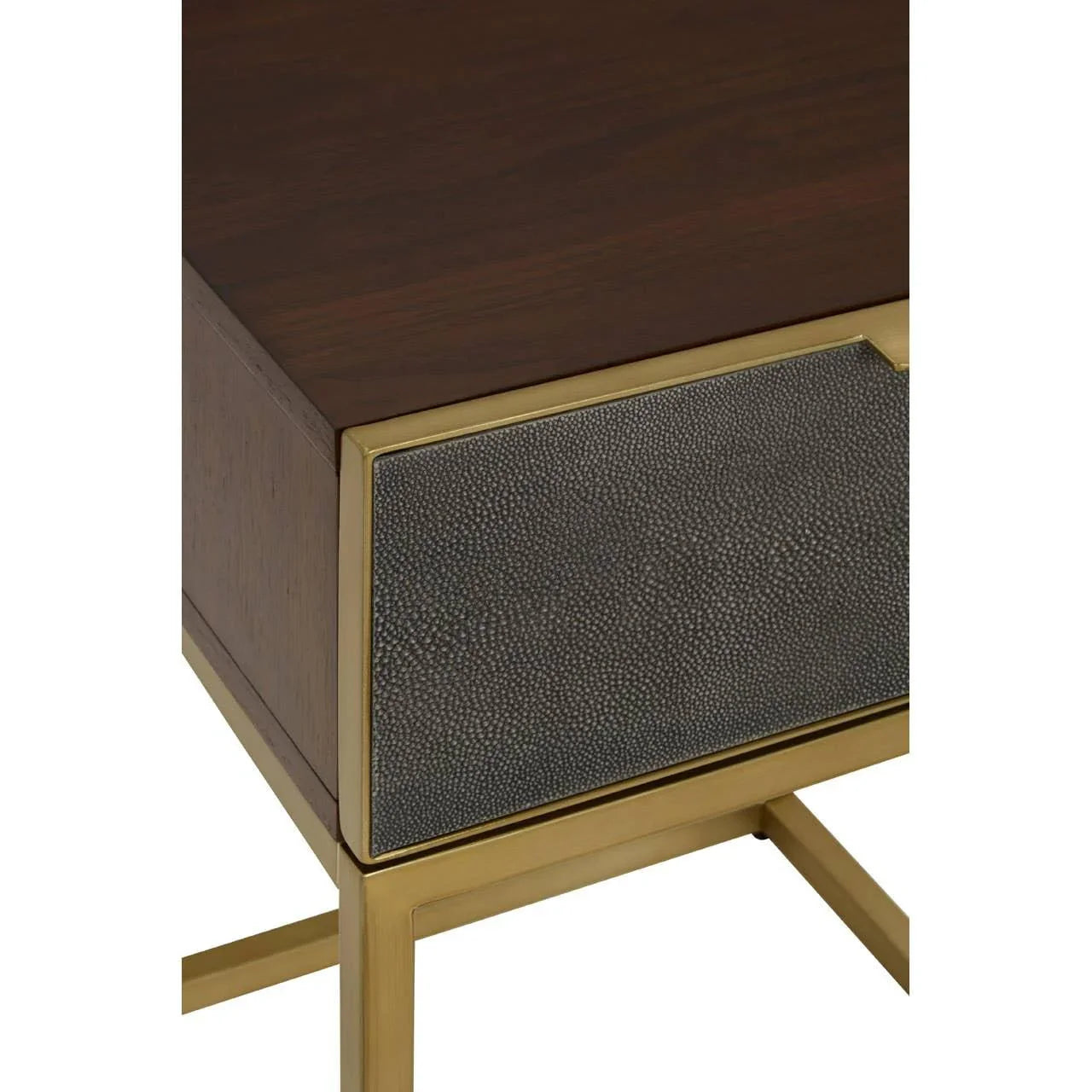 Walnut side table with gold metal frame and textured dark drawer front, corner close-up