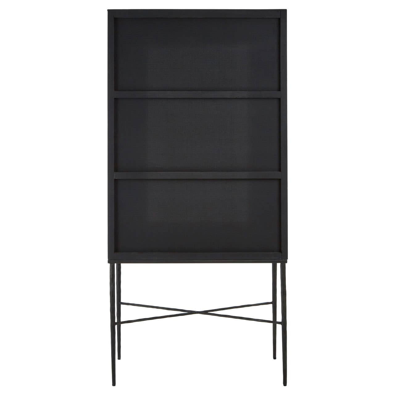Milan Two Door Elm Wood Wine Cabinet featuring a sleek black finish, two doors with a mesh design, and a sturdy metal frame with crossbar support. The cabinet stands on slender legs, providing a modern and elegant look suitable for home decor