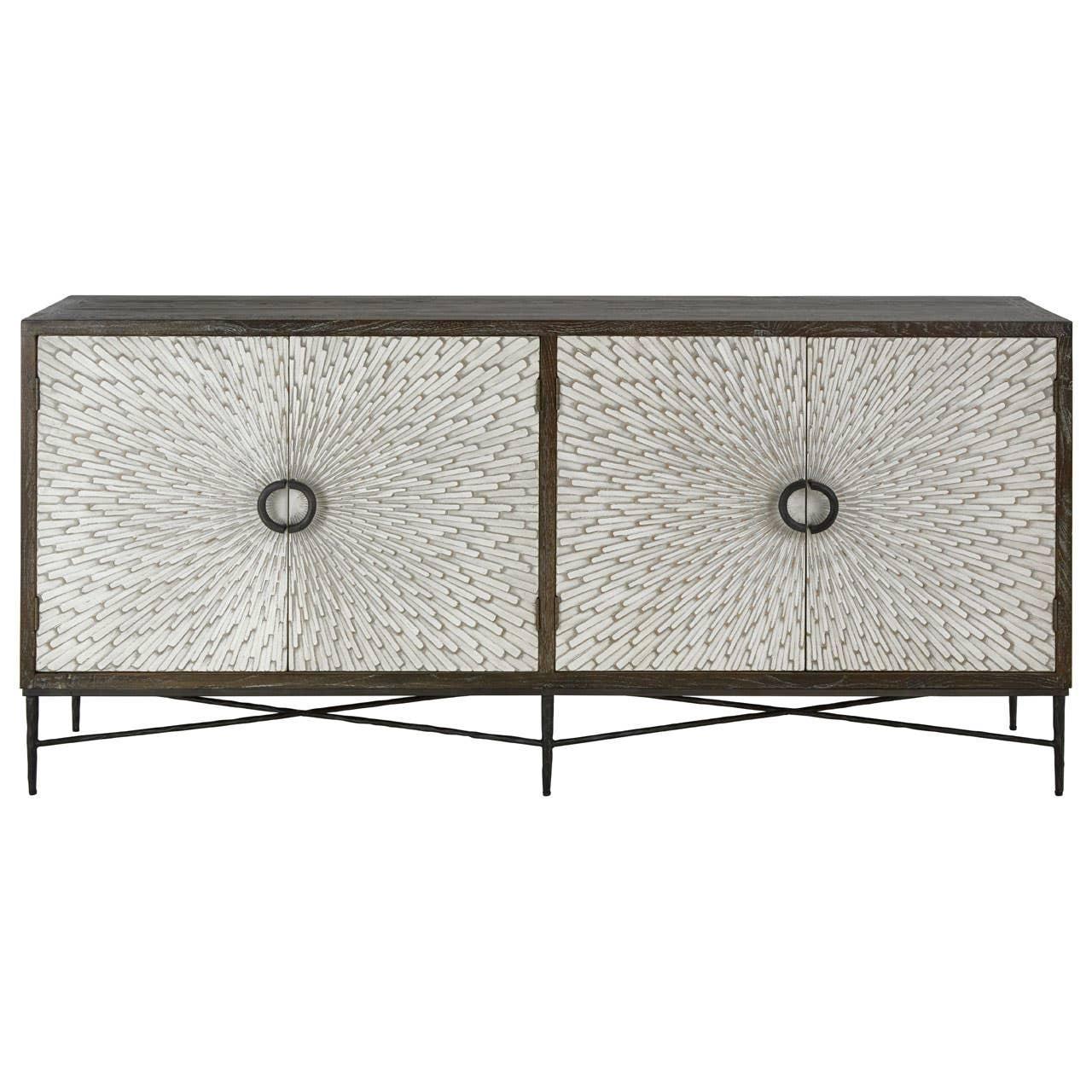Wooden sideboard with sunburst pattern on cabinet doors and metal base