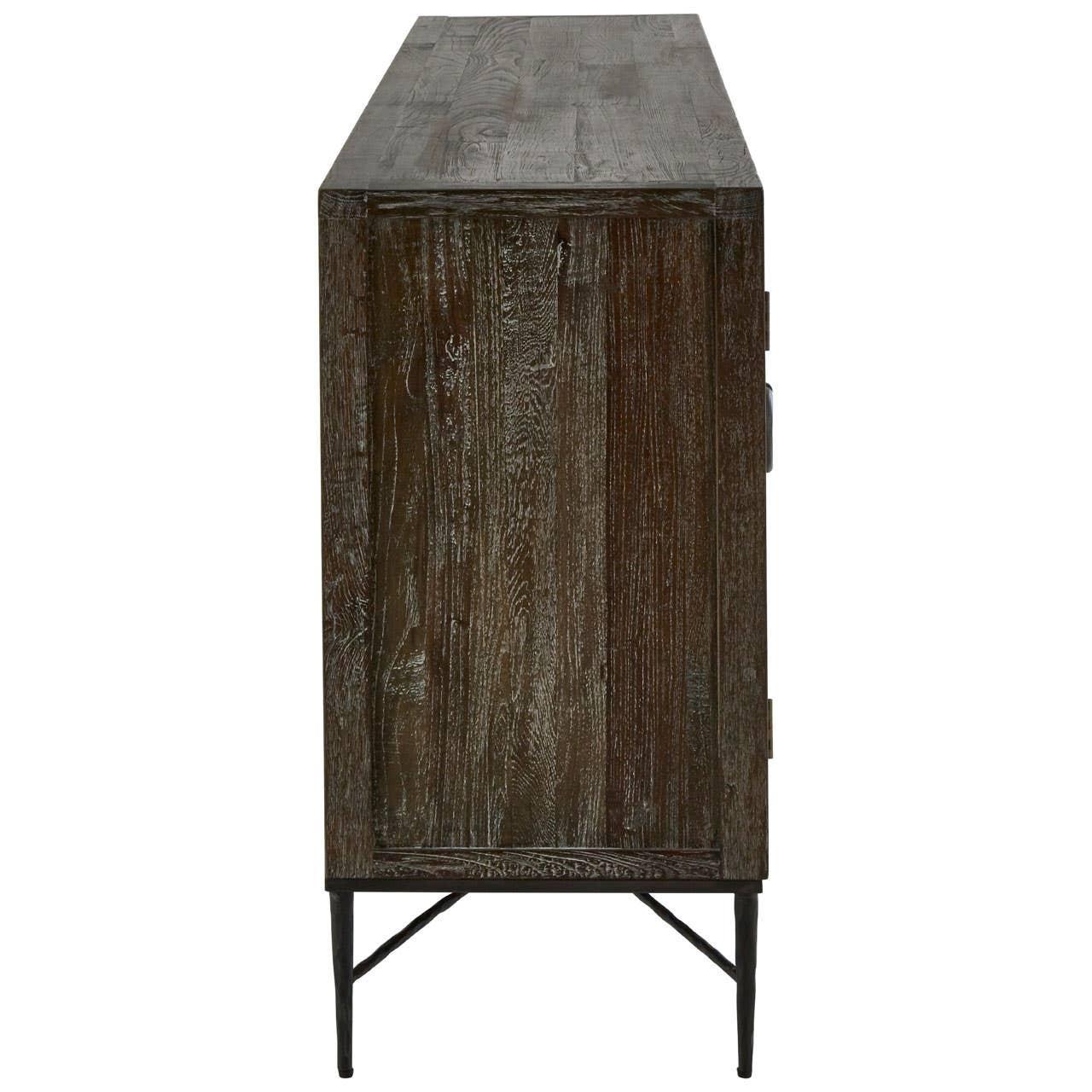 Side view of dark wood sideboard with metal legs and textured finish