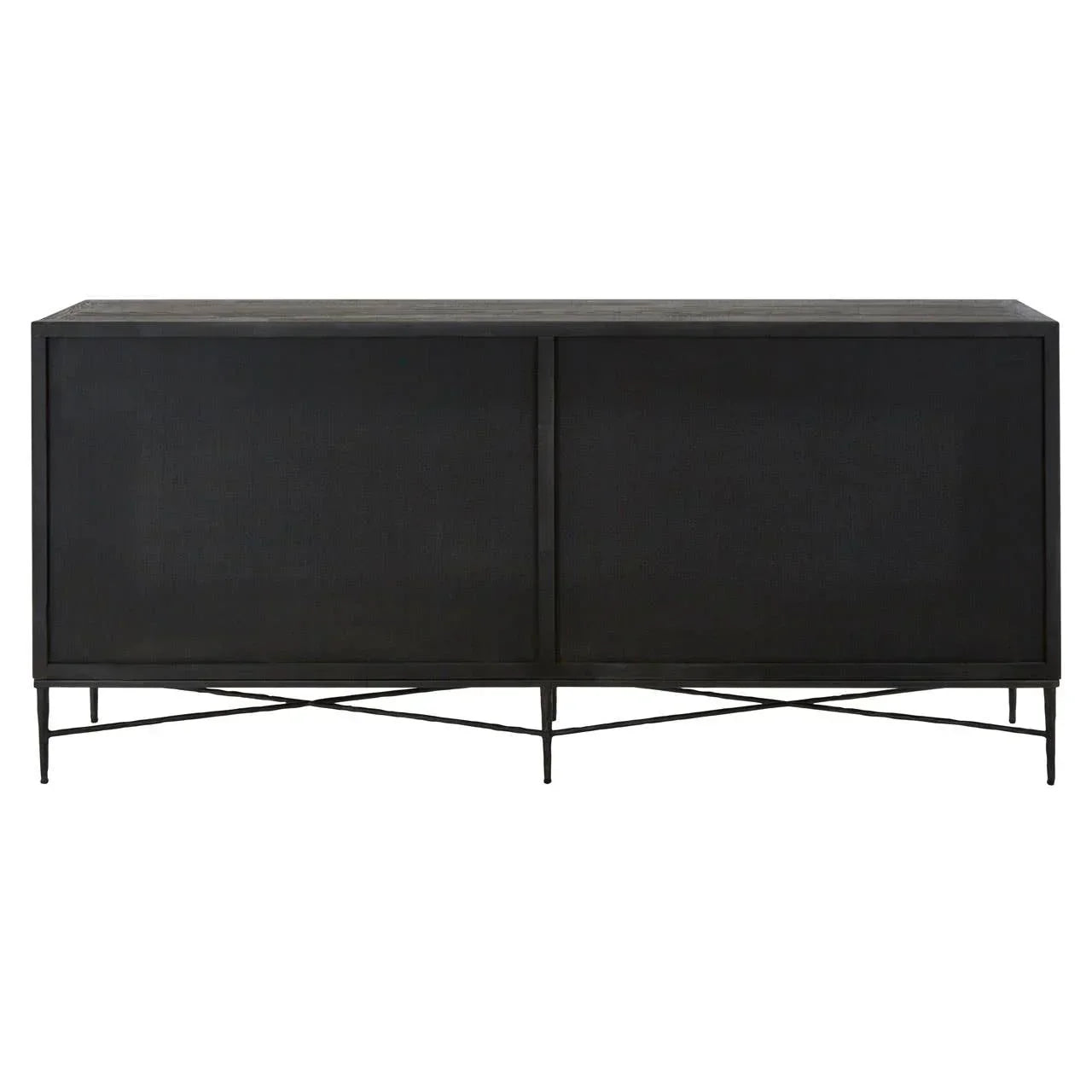 Black sideboard cabinet with metal mesh doors and slim steel legs, front view