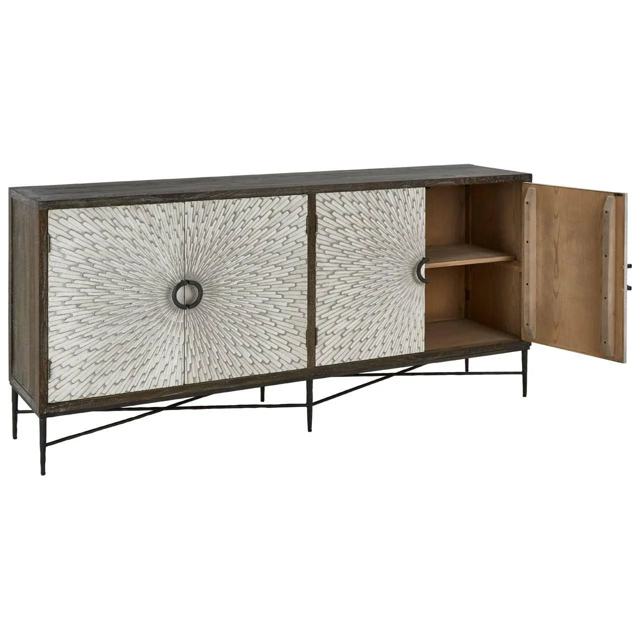 Sideboard cabinet with geometric patterned doors, black metal legs, one open door revealing shelves