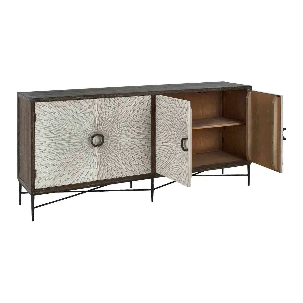 Wooden sideboard with sunburst textured doors, black metal legs, open cabinet shelving