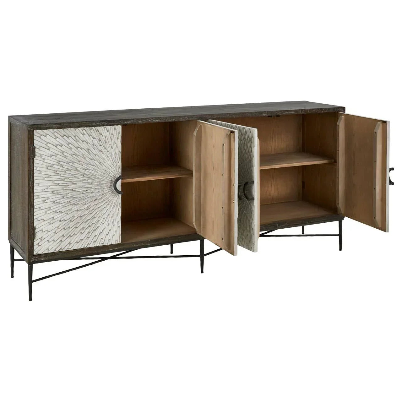 Wooden sideboard with sunburst patterned doors on black metal legs, doors open to shelves