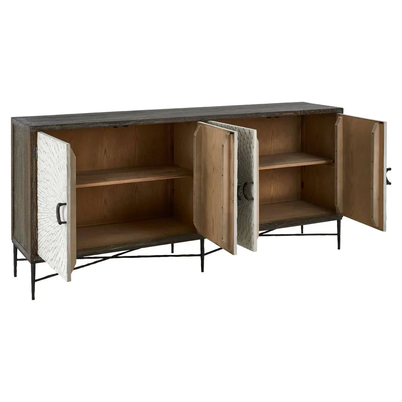 Modern wood sideboard with four textured white doors open to reveal interior shelves