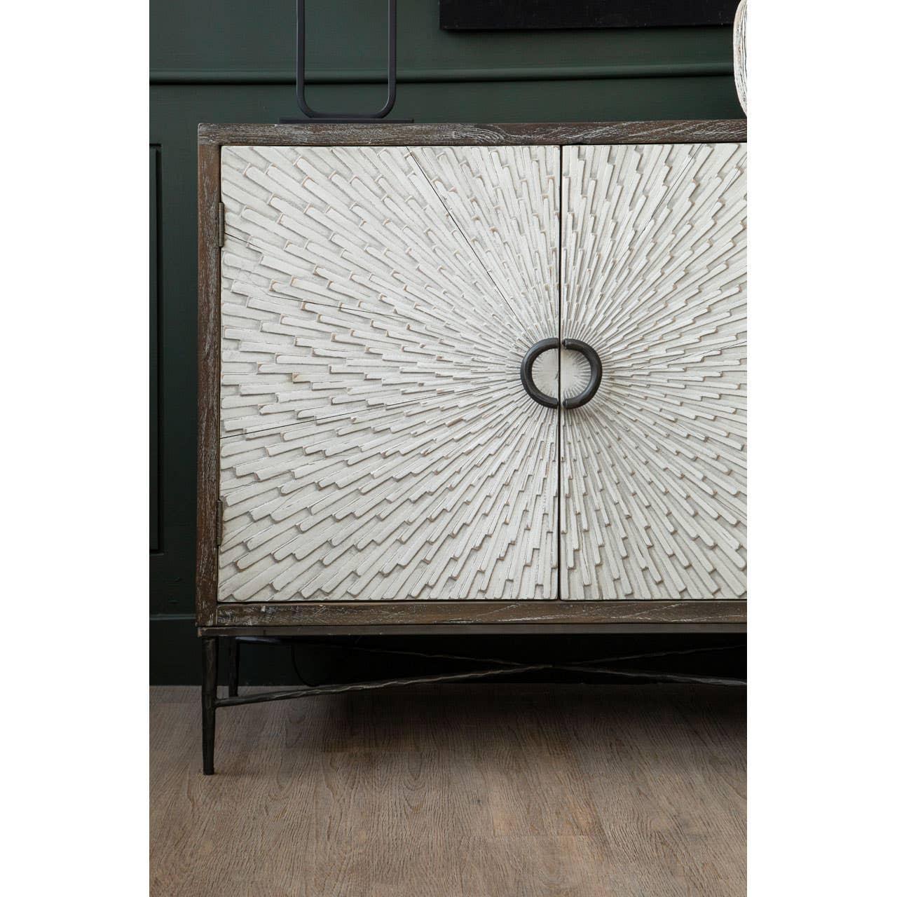 Textured wood sideboard with sunburst pattern doors and black metal handles