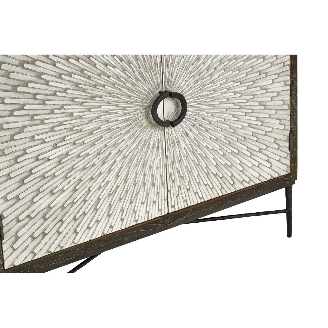 Wooden sideboard with sunburst pattern, textured doors, and black metal round handle