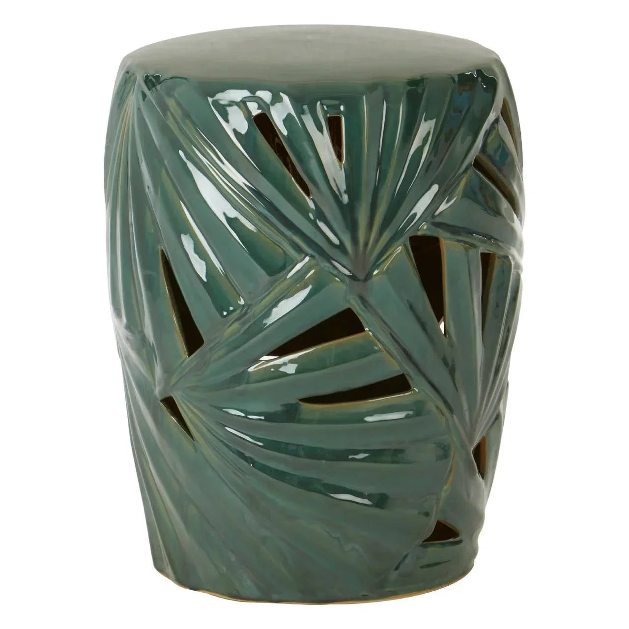Green ceramic side table with cutout leaf pattern and glossy finish