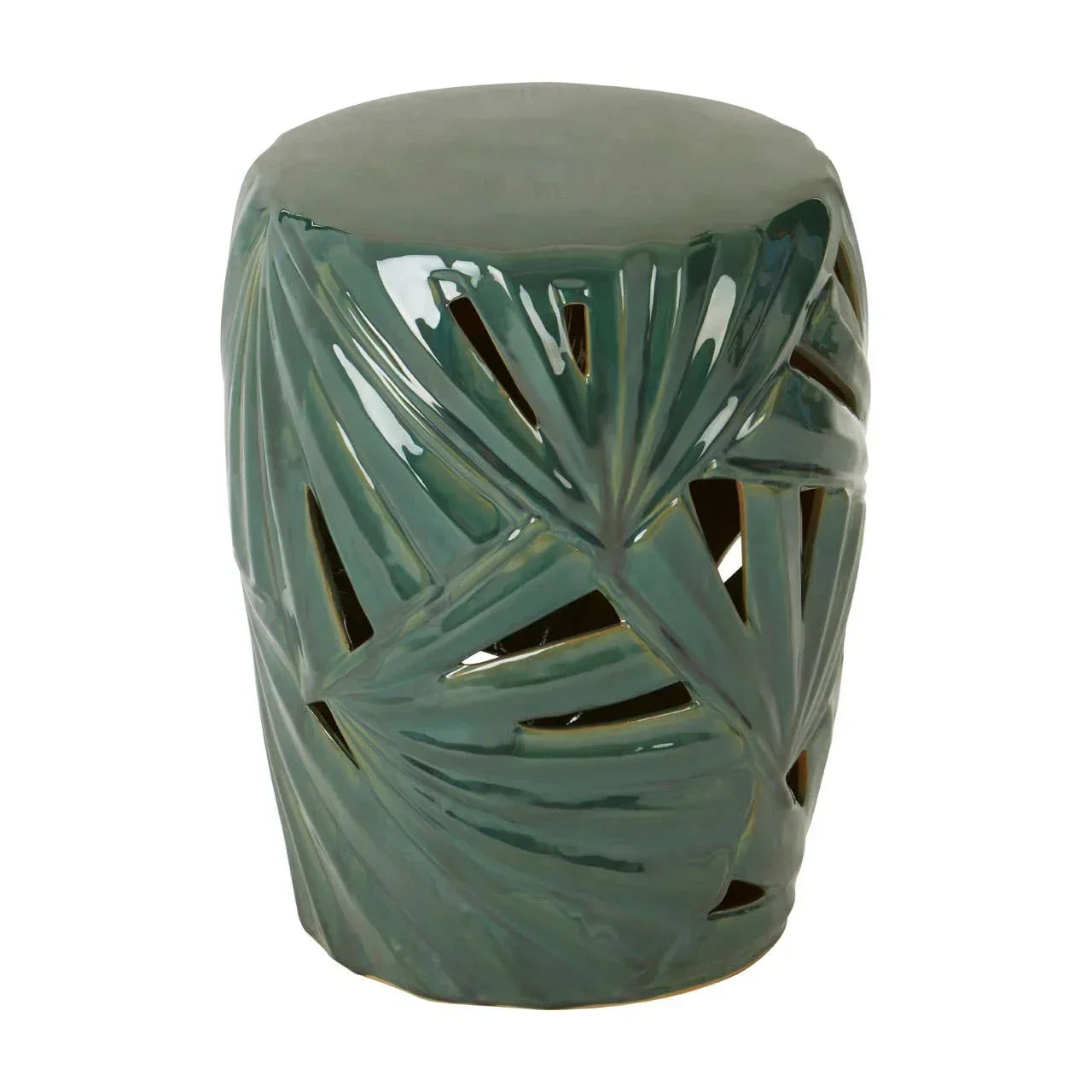 Green ceramic side table with palm leaf cutout design