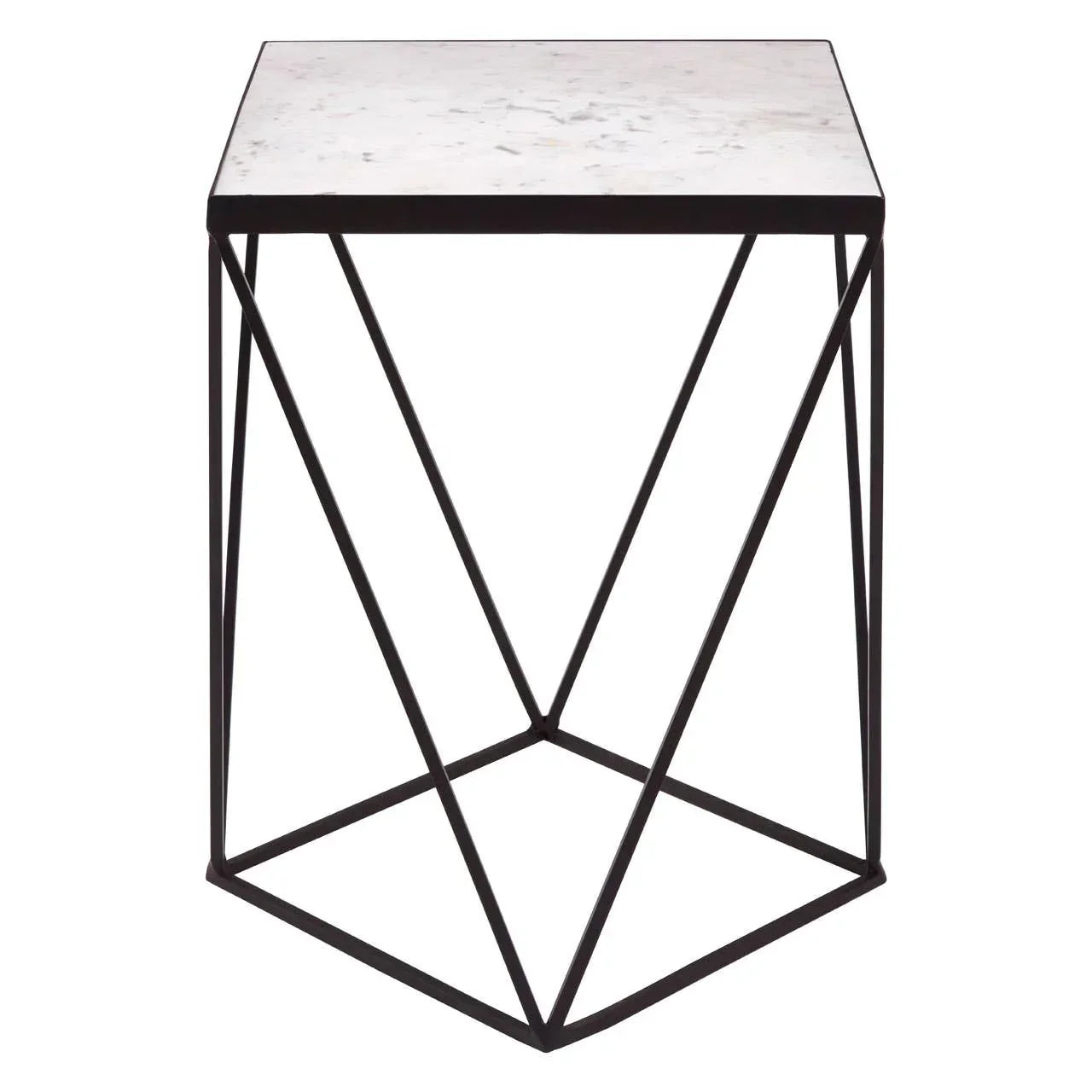 Square marble top side table with black metal geometric frame