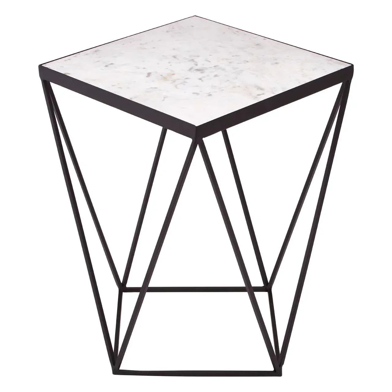 Square marble top side table with black geometric metal frame
