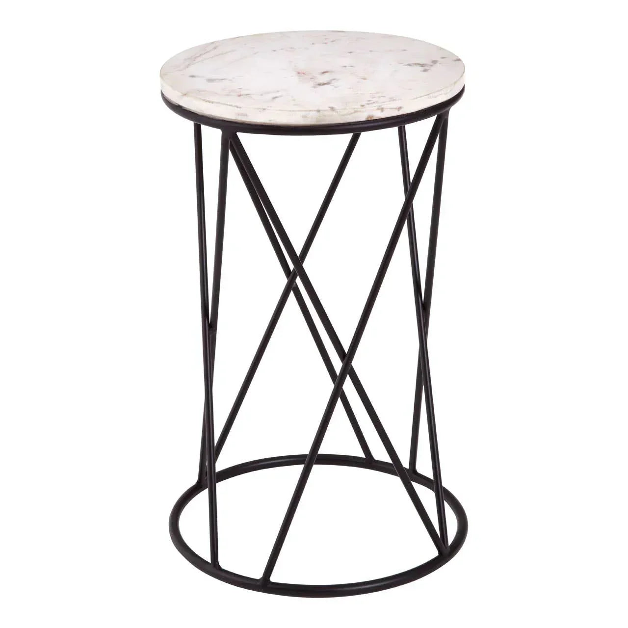 Round marble top side table with black metal frame and geometric base