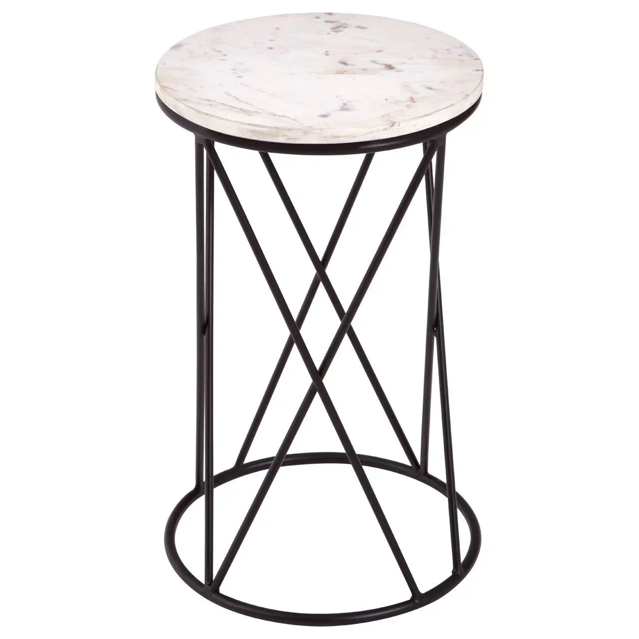 Round marble side table with black metal frame and crisscross leg design