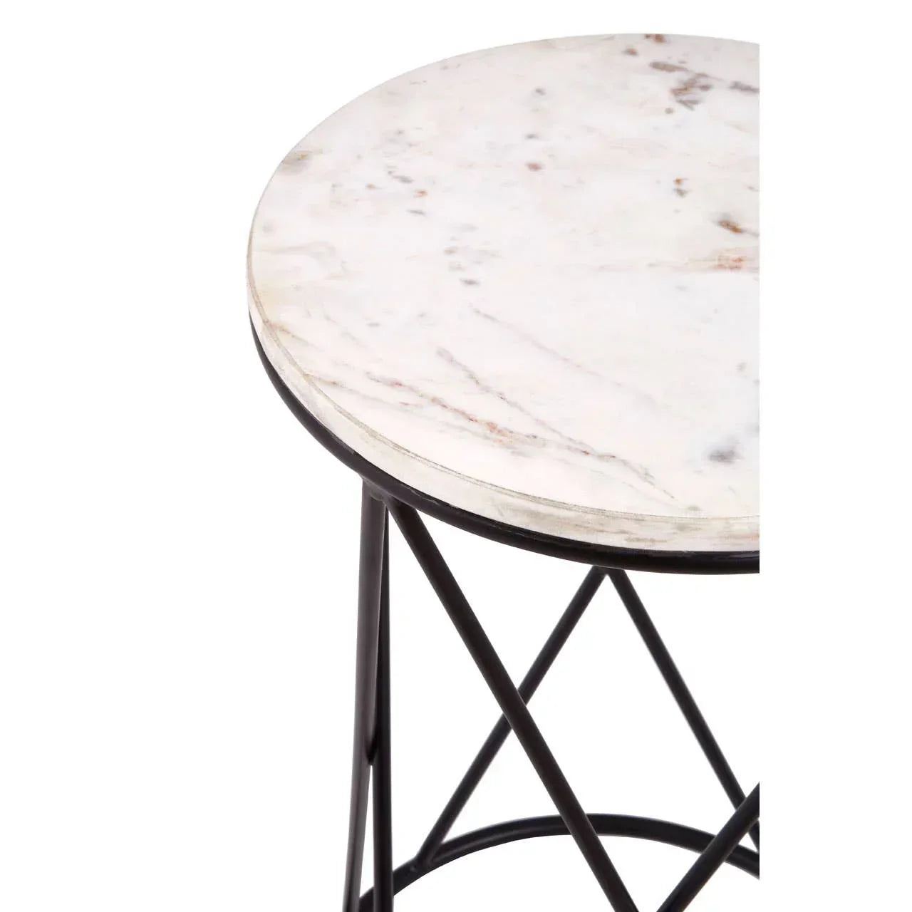 Round marble side table with black metal frame and geometric leg design, partial side view