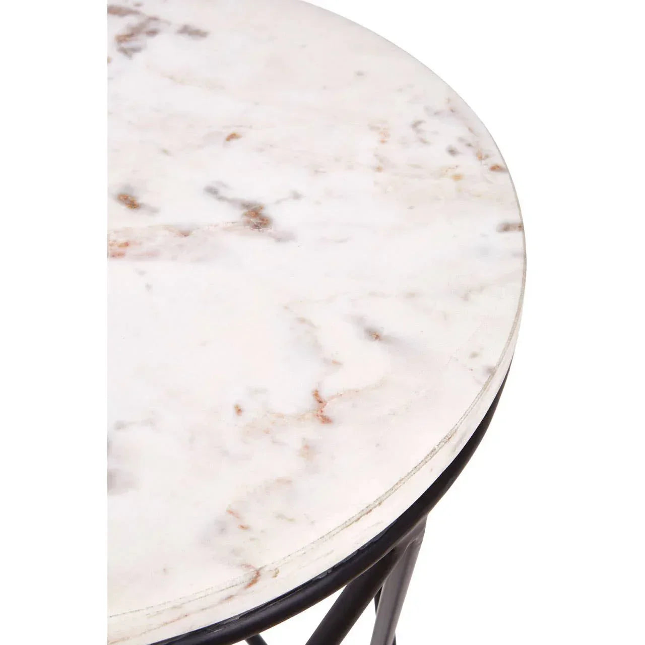 Round marble coffee table top with subtle veining and black metal frame detail