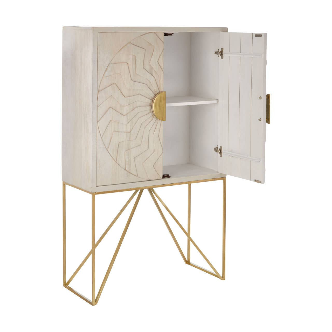 White wash mango wood cabinet featuring a decorative front with intricate patterns, two doors with a gold handle, and an open interior showcasing a shelf. The cabinet stands on a modern gold metal base with geometric legs