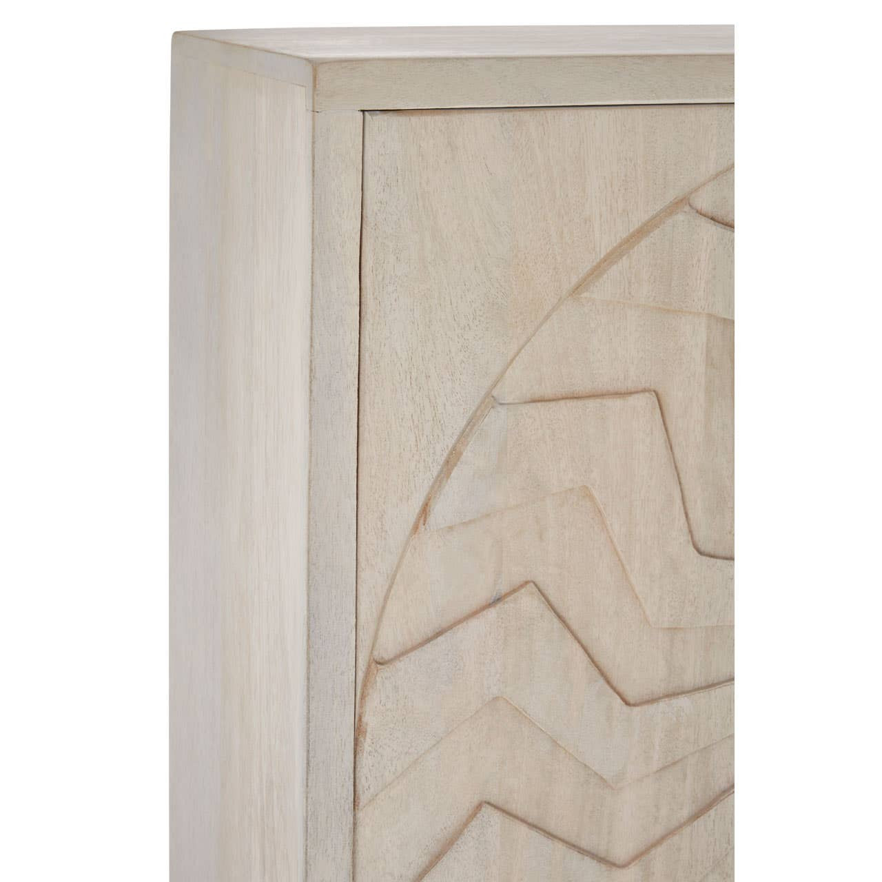 Close-up view of a Sadras White Wash Mango Wood Cabinet featuring a textured geometric design on the front panel, showcasing a light, washed finish that highlights the natural wood grain. The edges are smooth and the overall design is modern and minimalist