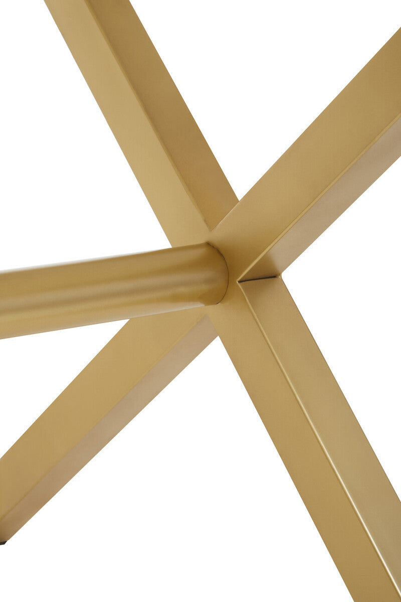 Close-up view of the base of a dining table featuring a white wash finish on mango wood, showcasing a sturdy, angular design with intersecting wooden legs and a central support joint