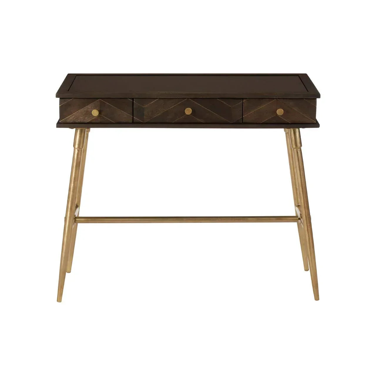 Dark wood writing desk with three drawers and gold metal legs