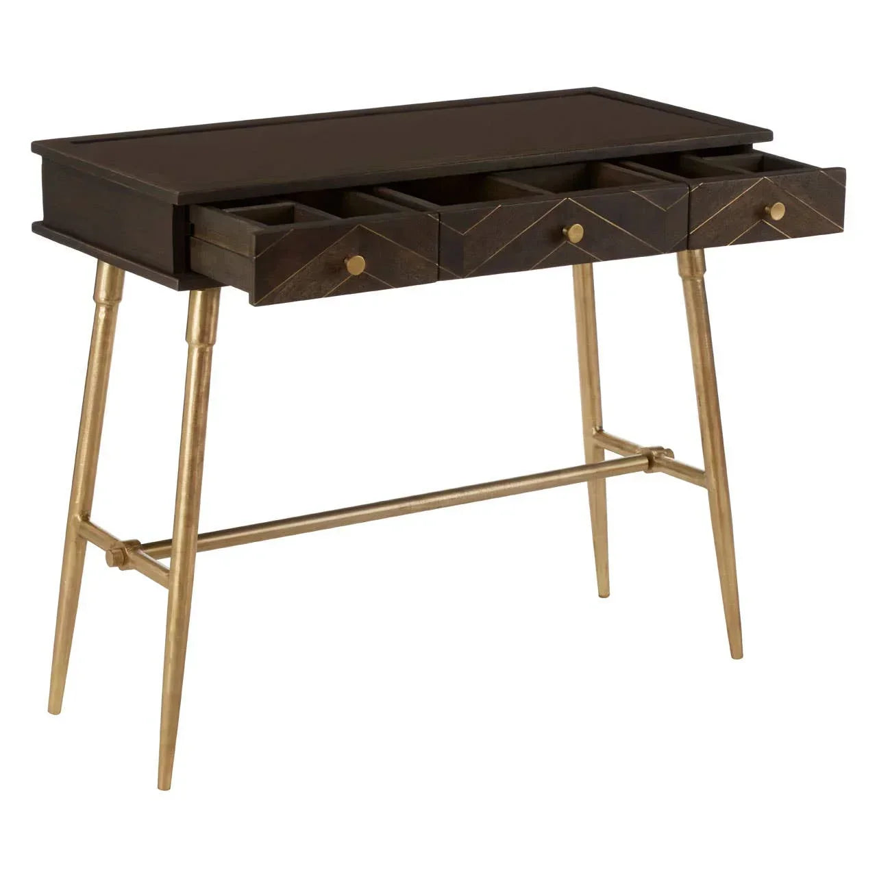 Dark wood desk with gold metal legs and three open storage drawers