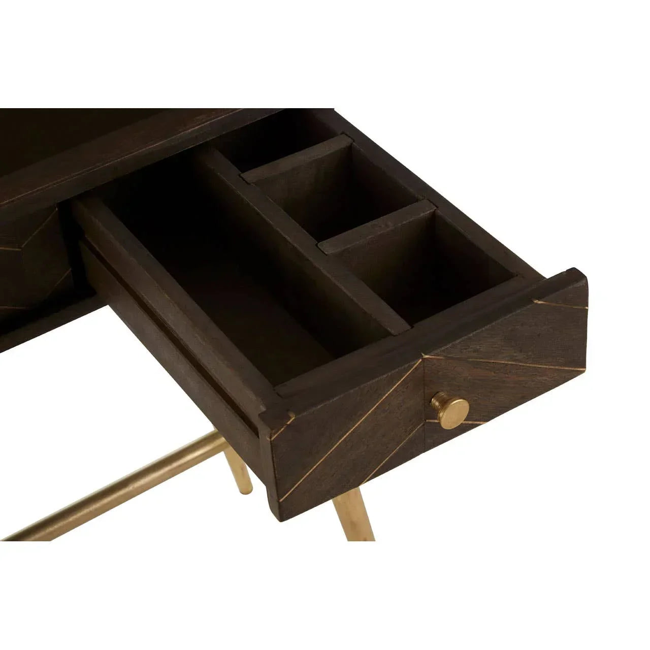 Dark wood desk drawer with gold handle and dividers, featuring gold metal legs