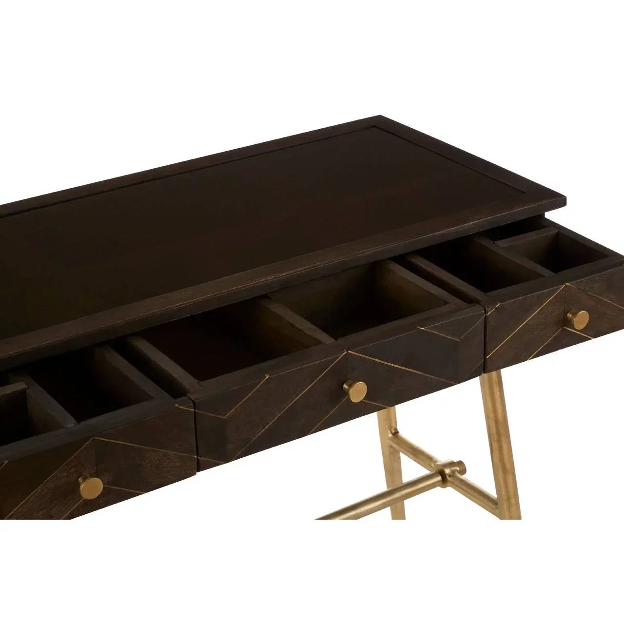 Dark wood console table with gold handles and open storage drawers, modern metal legs