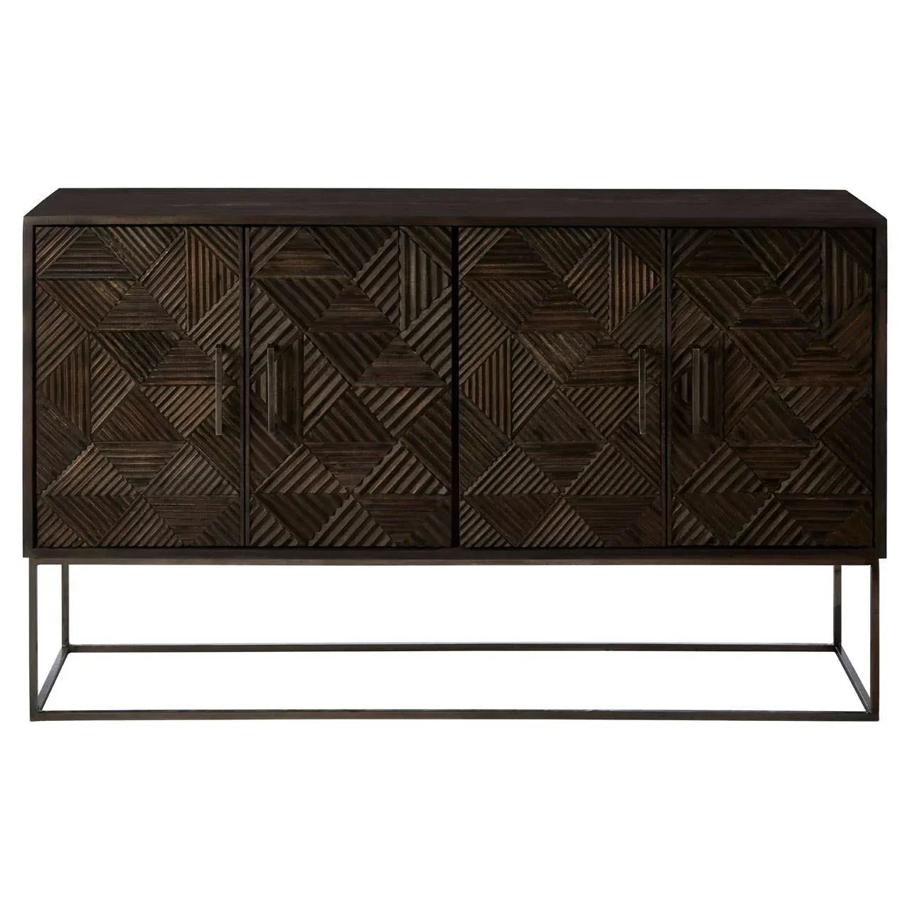 Dark wood sideboard with geometric carved doors and metal base, front angle view