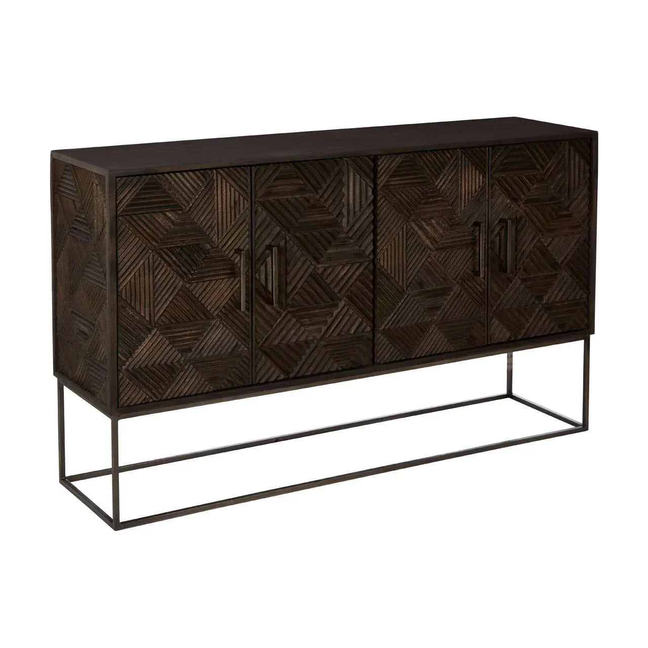 Dark wood sideboard with geometric carved doors and metal base, front angled view