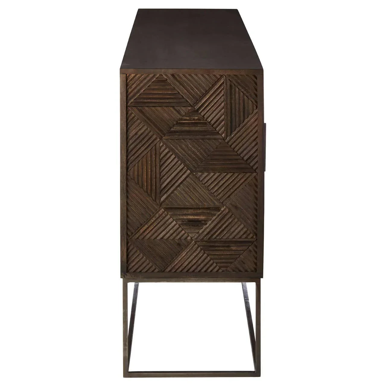 Side view of wooden sideboard with geometric patterned door on metal base