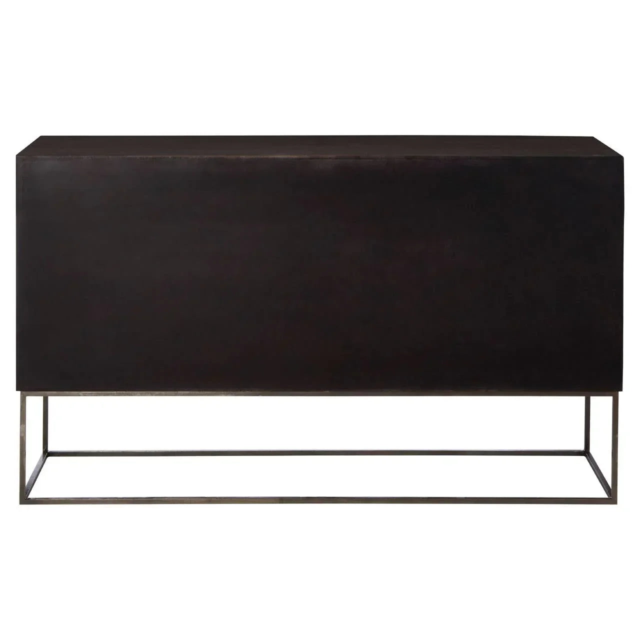 Modern black sideboard with clean lines and metal base, front view