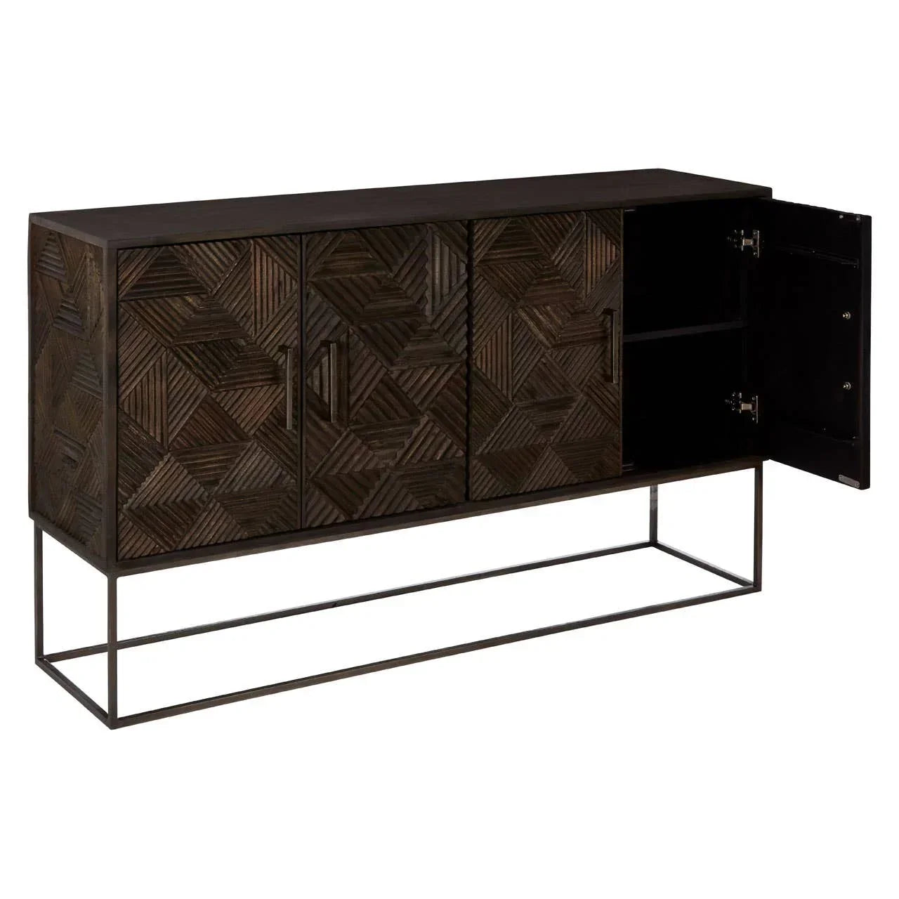 Dark wood sideboard with geometric pattern, open door reveals interior shelf, metal frame base