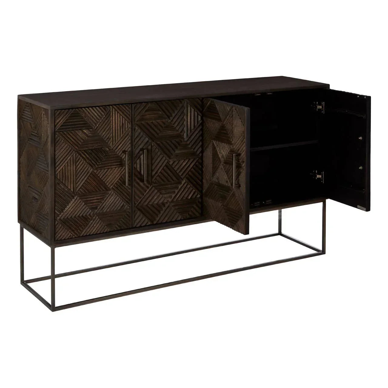 Dark wood sideboard with geometric carved doors, metal frame and open storage shelves