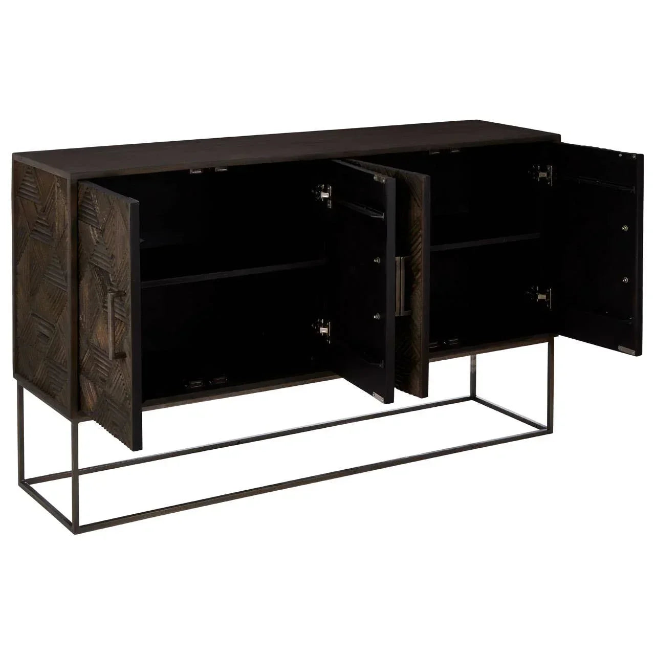 Dark wood sideboard with patterned doors open and metal frame base